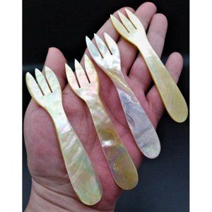 Vintage Gold Lip Mother Of Pearl Seashell Caviar Forks 4 pc. Set